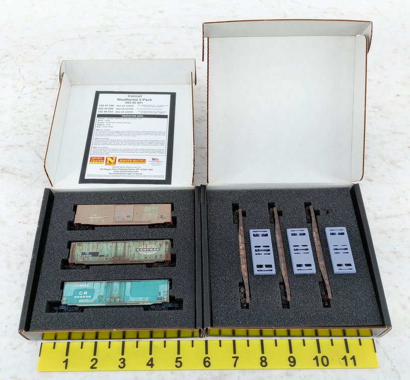 2 MICRO-TRAINS LINE N SCALE 3-PACKS CONRAIL BOXCARS & NORFOLK SOUTHERN FLATCARS, 2 OBS INV 263330815