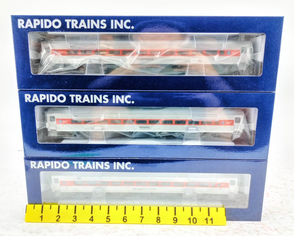 3 RAPIDO TRAINS 128505 HO GAUGE CDOT CONNECTICUT COMET COMMUTER CARS, 3 OBS  INV 263330849