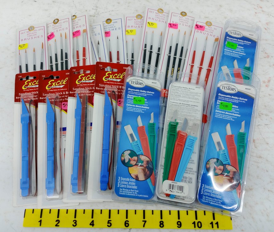 ASSORTED TESTORS HOBBY KNIVES, EXCEL SANDING STICKS & ATAKLON ARTIST BRUSHES SETS, ALL CARDED  INV 263330870