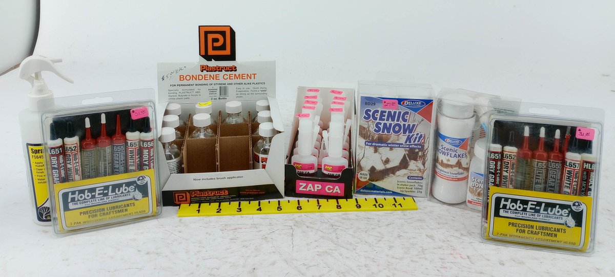 **NO SHIPPING** ASSORTED MODEL TRAIN HOBBY SUPPLIES: HOB-E-LUBE, PLASTRUCT BONDENE, ZAP CA, DELUXE SCENIC SNOW SOME OBS  INV 263330886