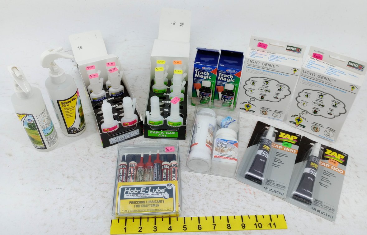 **NO SHIPPING** ASSORTED ZAP GLUES, TRACK MAGIC, LIGHT GENIE, HOB-E-LUBE & SCENIC SUPPLIES SOME OBS  INV 263330888