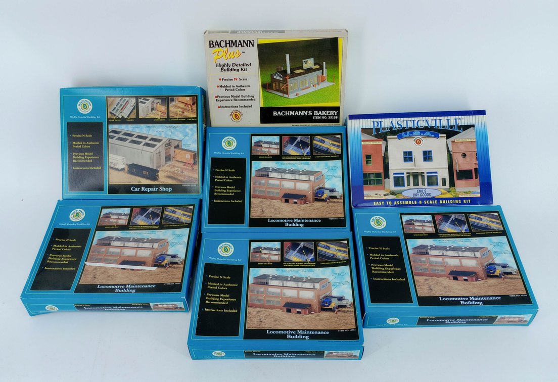 7 BACHMANN N SCALE BUILDING KITS, LOCOMOTIVE MAINTENANCE & BAKERY, 7 OBS NNC INV 263330895