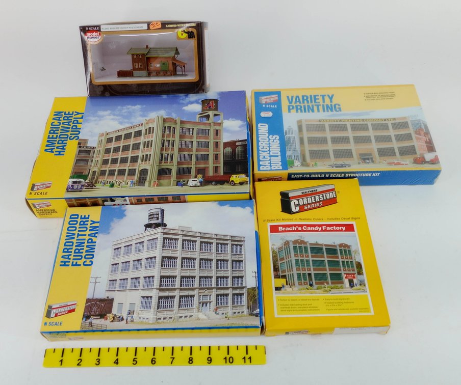 5 WALTHERS CORNERSTONE & MODEL POWER N SCALE BUILDING KITS, 5 OBS NNC INV 263330901