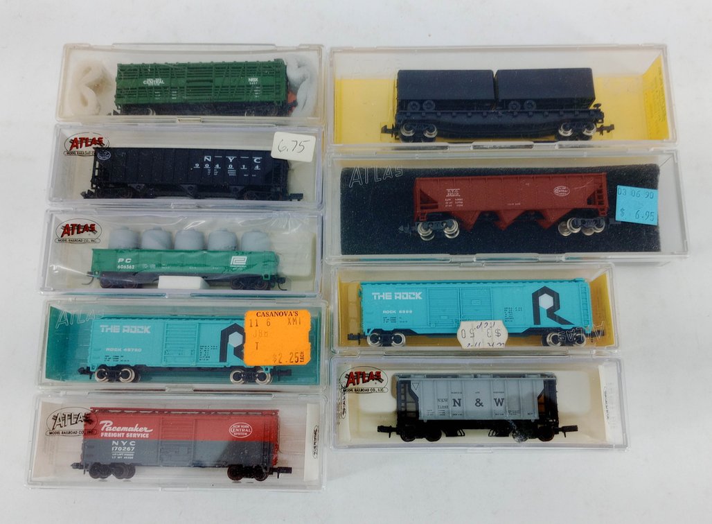 9 ASSORTED ATLAS N GAUGE NYC, PC, N&W & THE ROCK FREIGHT CARS INV 263330908