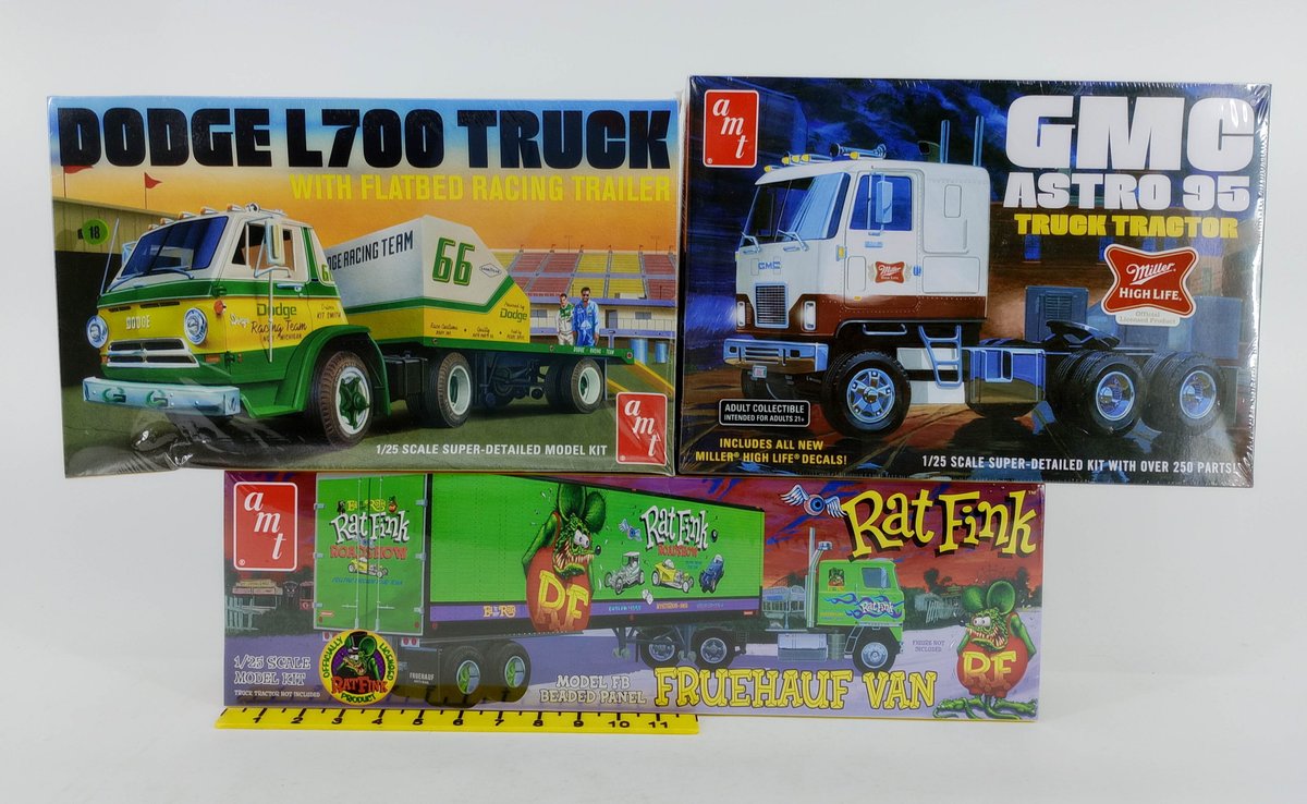 3 AMT 1/25 MODEL KITS DODGE L700 TRUCK GMC ASTRO 95 MILLER HIGH LIFE & RAT FINK FRUEHAUF VAN 3 OB INV 263330912