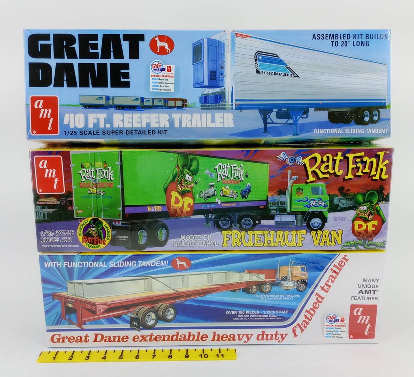 3 AMT 1/25 SCALE MODEL KITS GREAT DANE REEFER & FLATBED TRAILERS RAT FINK FRUEHAUF VAN SEALED 3 OB INV 263330911
