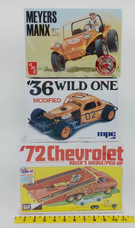 3 AMT/MPC 1/25 SCALE MODEL KITS MEYERS MANX '36 WILD ONE MODIFIED & '72 CHEVROLET RACER'S WEDGE SEALED 3 OB INV 263330914