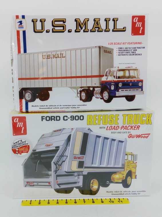 2 AMT 1/25 SCALE TRUCK KITS U.S. MAIL TRACTOR & TRAILER SET FORD C-900 REFUSE TRUCK SEALED 2 OB INV 263330916