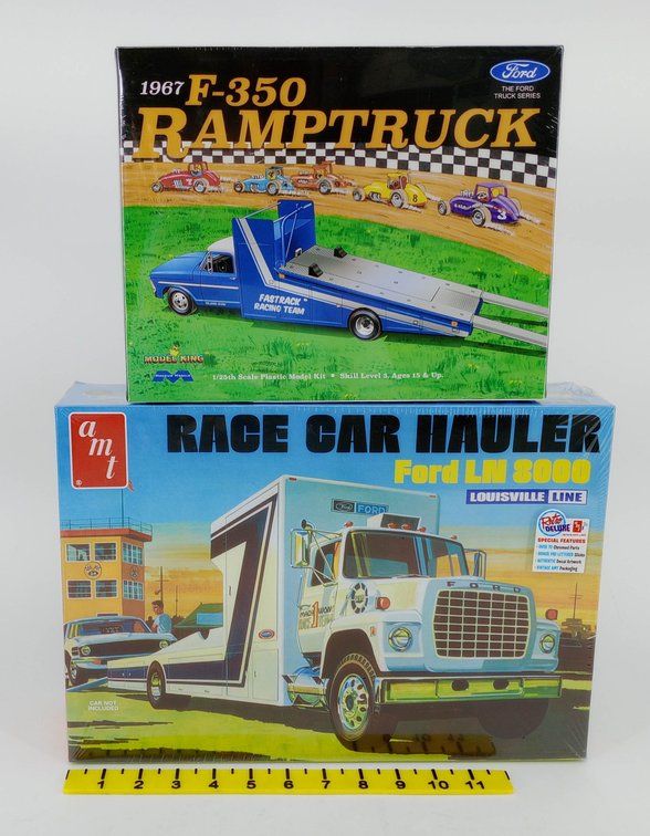 2 SEALED 1/25 SCALE TRUCK MODEL KITS MOEBIUS 1967 FORD F-350 RAMPTRUCK & AMT FORD LN 8000 RACE CAR HAULER 2 OB INV 263330917