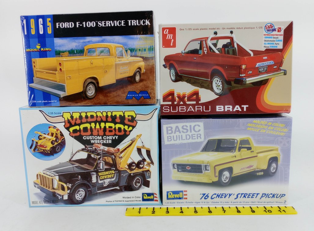 4 TRUCK MODEL KITS MOEBIUS 1965 FORD F-100 AMT SUBARU BRAT REVELL MIDNITE COWBOY & 76 CHEVY PICKUP 1/25 4 OB INV 263330920