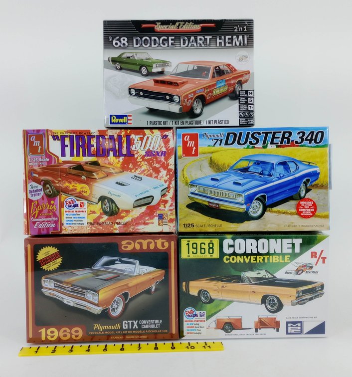 5 AMT/REVELL/MPC 1/25 MODEL KITS DART HEMI FIREBALL 500 DUSTER 340 GTX CORONET R/T SEALED 5 OB INV 263330924