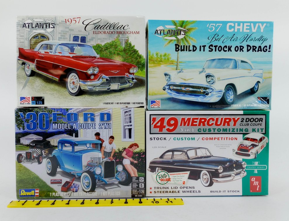 4 1:25 SCALE MODEL KITS ATLANTIS 1957 CADILLAC & 57 CHEVY REVELL 30 FORD AMT 49 MERCURY 4 OB INV 263330925