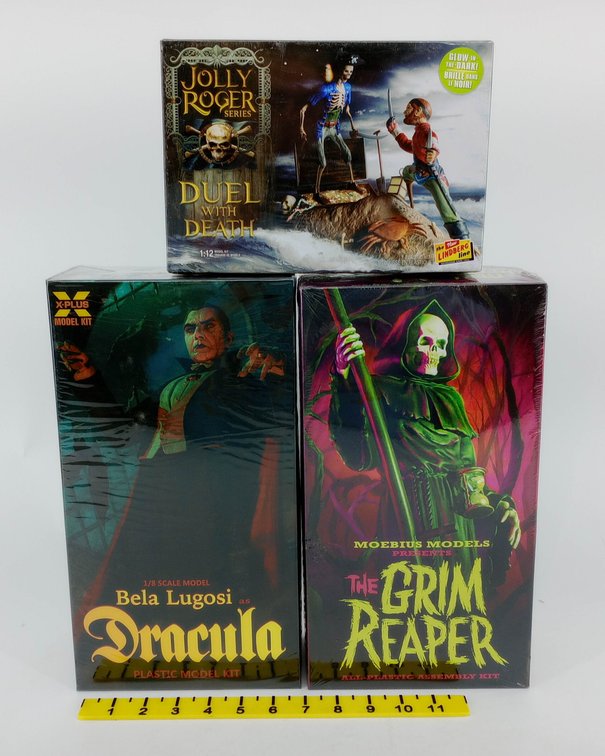 3 SEALED MODEL KITS MOEBIUS GRIM REAPER LINDBERG JOLLY ROGER DUEL WITH DEATH & X-PLUS BELA LUGOSI DRACULA 3 OB INV 263330929