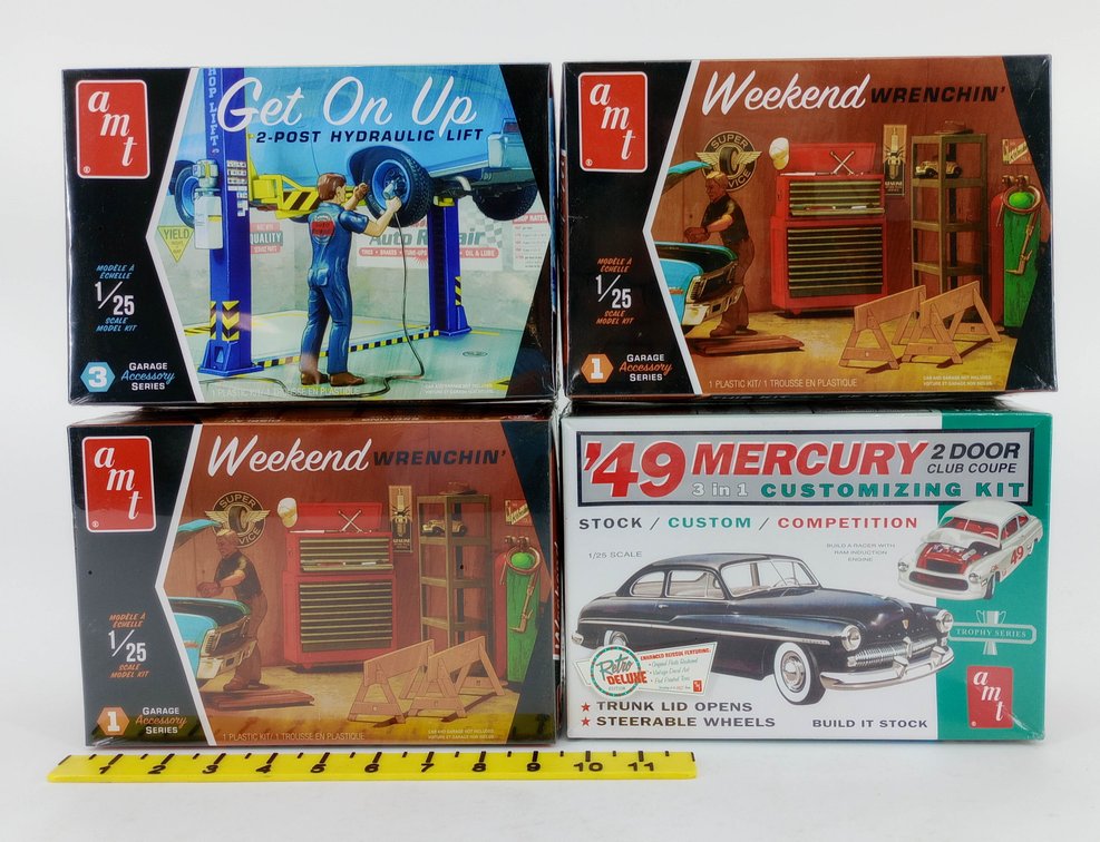 4 AMT 1/25 MODEL KITS 2 WEEKEND WRENCHIN GET ON UP 2-POST LIFT & 49 MERCURY CLUB COUPE SEALED 4 OB INV 263330933
