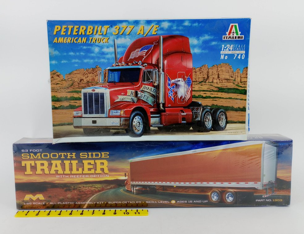 2 MODEL KITS ITALERI PETERBILT 377 A/E AMERICAN TRUCK 1:24 & MOEBIUS 53 FOOT SMOOTH SIDE TRAILER 1:25 NNC 2 OB INV 263330931