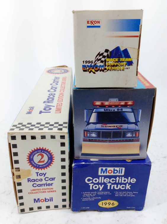 4 OIL COMPANY PROMO TOY TRUCKS EXXON RACE TEAM SUPPORT SUNOCO ULTRA 94 MOBIL 1 RACING & MOBIL STAKE TRUCK 4 OB INV 263330947
