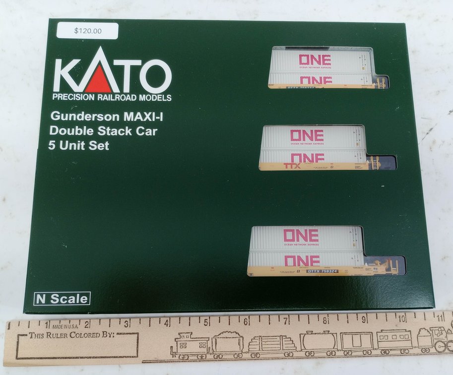 KATO 106-6196 TTX GUNDERSON MAXI-I DOUBLE STACK CAR 5 UNIT SET W/ ONE CONTAINERS, OB INV 263330962