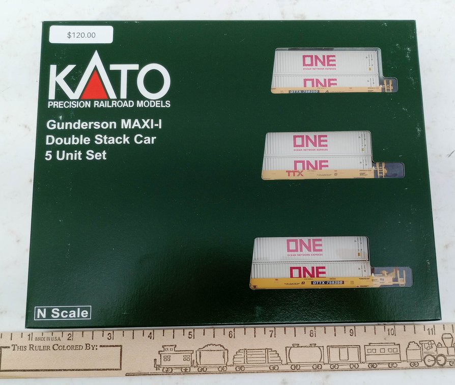 KATO 106-6197 TTX GUNDERSON MAXI-I N SCALE DOUBLE STACK 5 UNIT SET W/ ONE CONTAINERS, OB INV 263330961