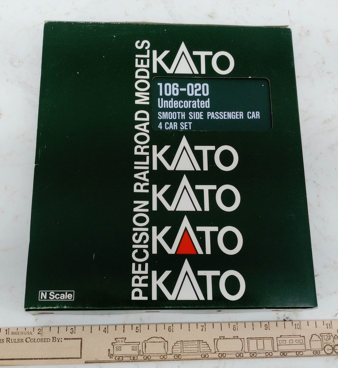 KATO 106-020 N SCALE UNDECORATED SMOOTH SIDE PASSENGER CARS, 4 CAR SET, OB INV 263330976