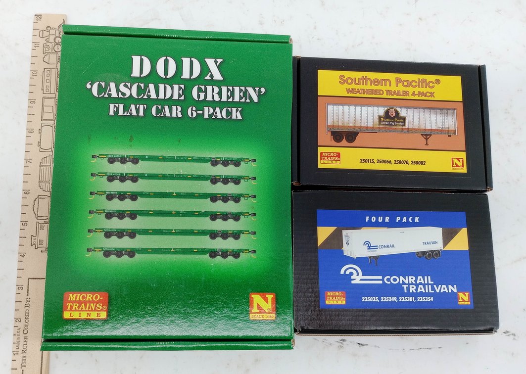 MICRO-TRAINS N SCALE DODX FLAT CARS, SP & CONRAIL TRAILERS, 3 OBS INV 263330982