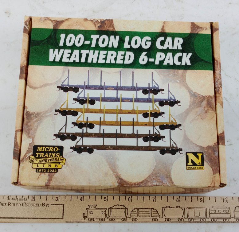 MICRO-TRAINS N SCALE 6 WEATHERED 100-TON LOG CARS, OB INV 263330986