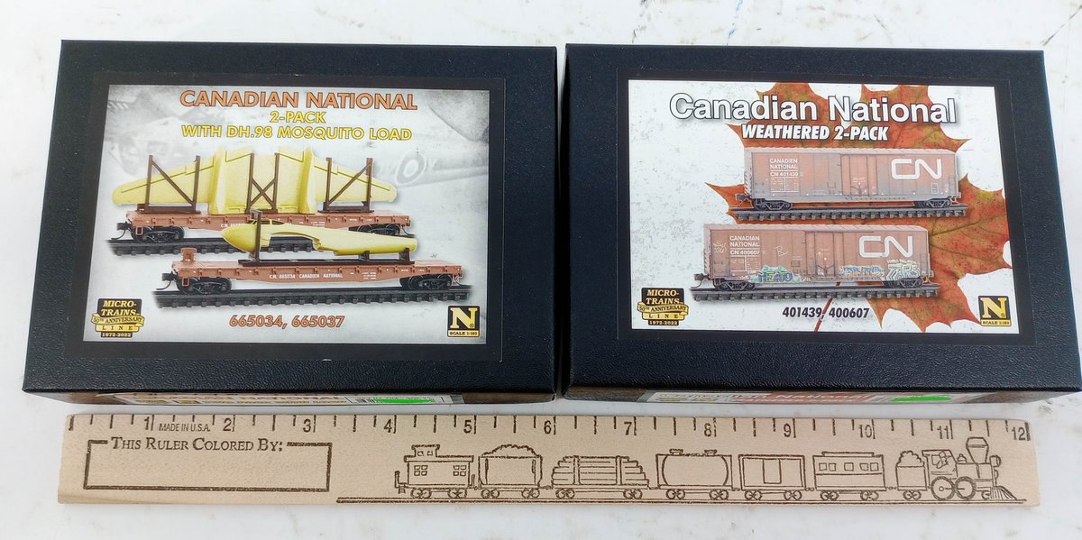 MICRO-TRAINS N SCALE CN FLATCARS W/ MOSQUITO LOAD & WEATHERED BOXCARS, 2 OBS INV 263330988