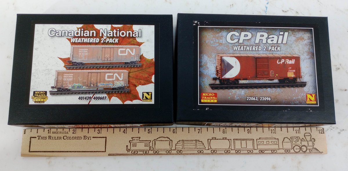 2 MICRO-TRAINS LINE N SCALE WEATHERED 2-PACKS CN & CP RAIL BOXCARS, 2 OBS INV 263330987