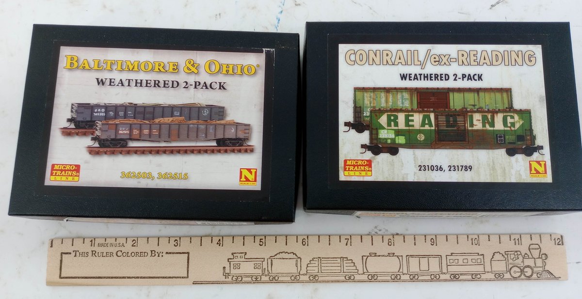2 MICRO-TRAINS N SCALE WEATHERED 2-PACKS B&O GONDOLAS & CONRAIL/EX-READING BOXCARS, 2 OBS INV 263330990