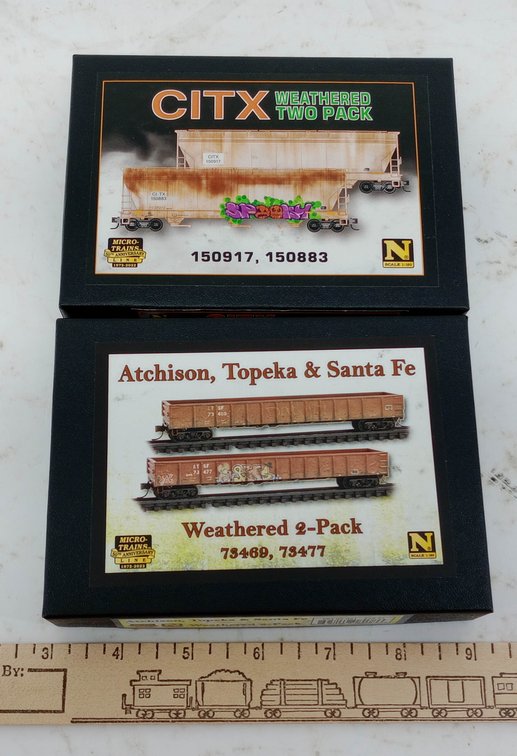 2 MICRO-TRAINS N SCALE WEATHERED 2-PACKS, CITX HOPPERS & ATSF GONDOLAS, 2 OBS INV 263330989
