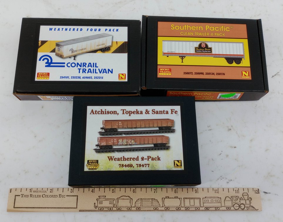 3 MICRO-TRAINS LINE N SCALE CONRAIL TRAILVAN, SOUTHERN PACIFIC TRAILER & ATSF GONDOLA SETS, 3 OBS INV 263330992