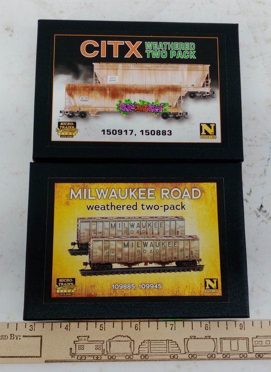 2 MICRO-TRAINS N SCALE WEATHERED 2 PACKS CITX & MILWAUKEE ROAD HOPPERS, 2 OBS INV 263330993
