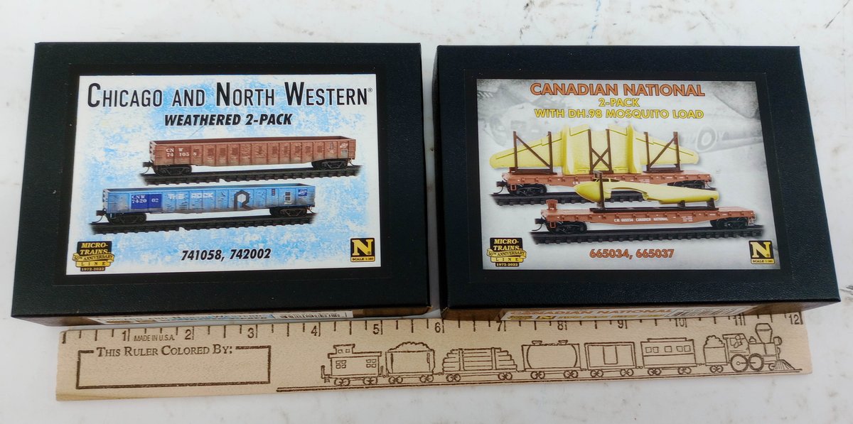 2 MICRO-TRAINS N SCALE CNW WEATHERED GONDOLAS & CN FLATCARS W/ MOSQUITO LOAD, 2 OBS INV 263330991