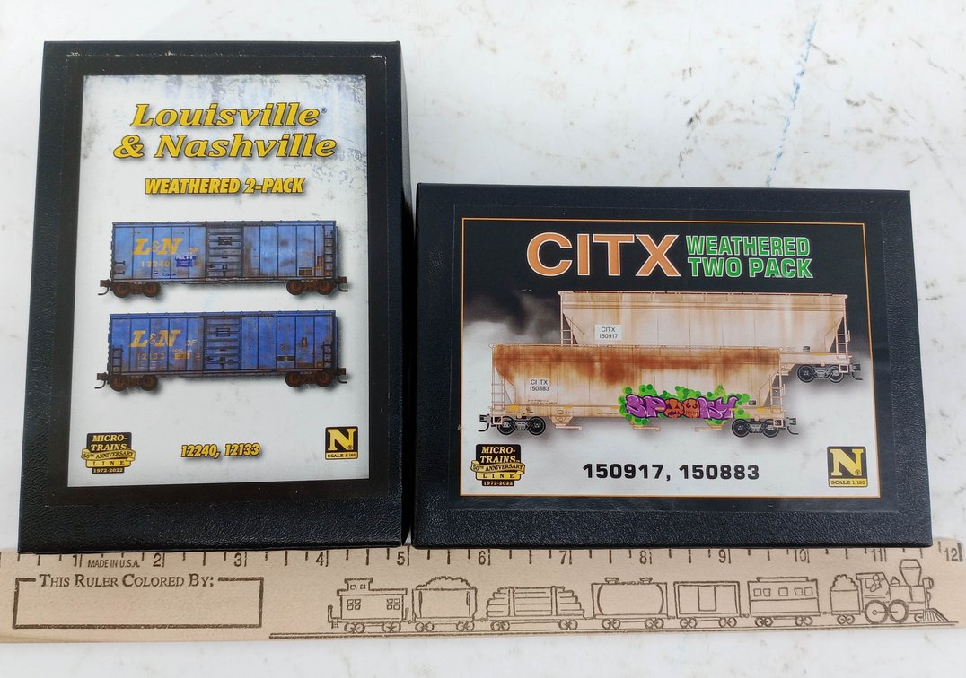 2 MICRO-TRAINS N SCALE WEATHERED 2-PACKS L&N BOXCARS & CITX HOPPERS, 2 OBS INV 263330994