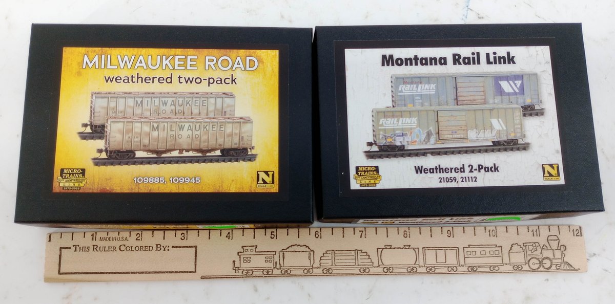 4 MICRO-TRAINS N SCALE WEATHERED MILWAUKEE ROAD HOPPERS & MONTANA RAIL LINK BOXCARS, 2 OBS INV 263330996