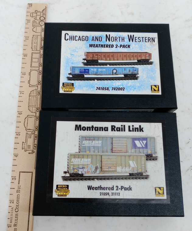 2 MICRO-TRAINS N SCALE WEATHERED 2-PACKS CNW GONDOLAS & MRL BOXCARS, 2 OBS INV 263331001