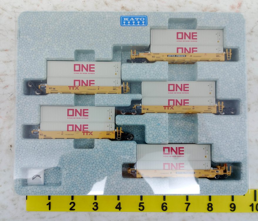 KATO 106-6196 TTX GUNDERSON MAXI-I DOUBLE STACK 5 CAR SET W/ ONE CONTAINERS, N SCALE, OB INV 263331010