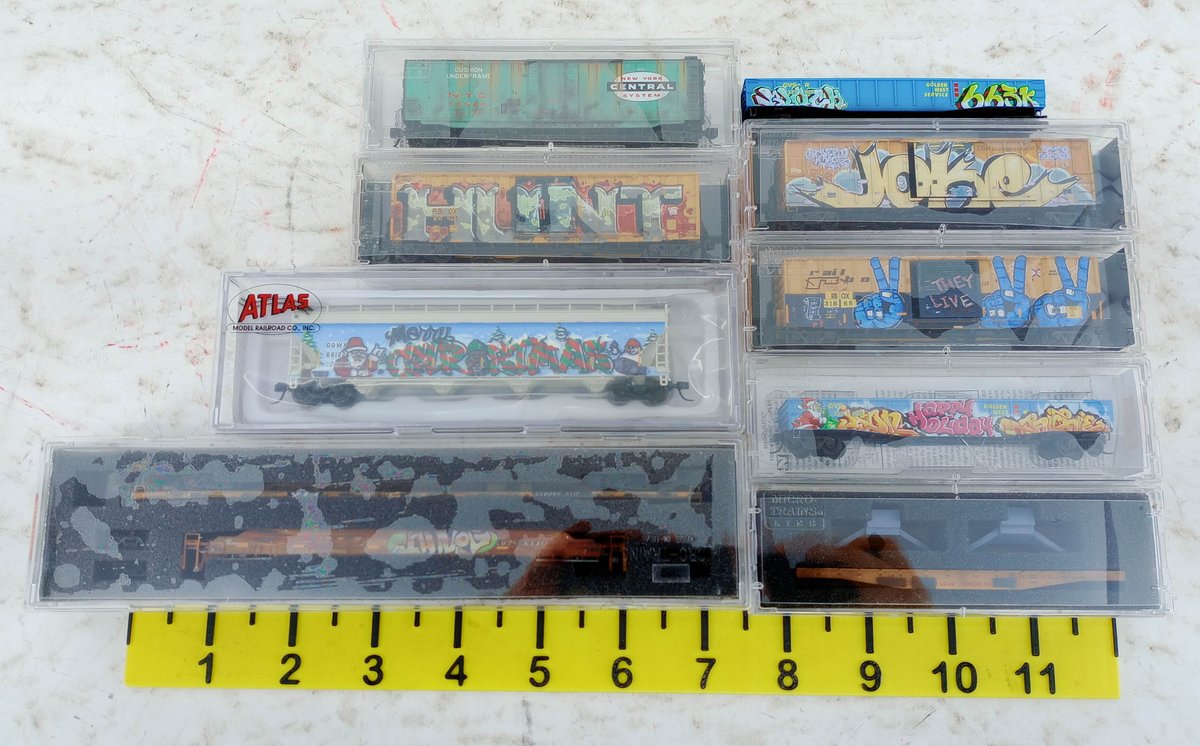 MICRO-TRAINS LINE N SCALE GRAFFITI CARS, ATLAS HOPPER, FLAT CARS, ASSORTED, SOME OBS INV 263331037