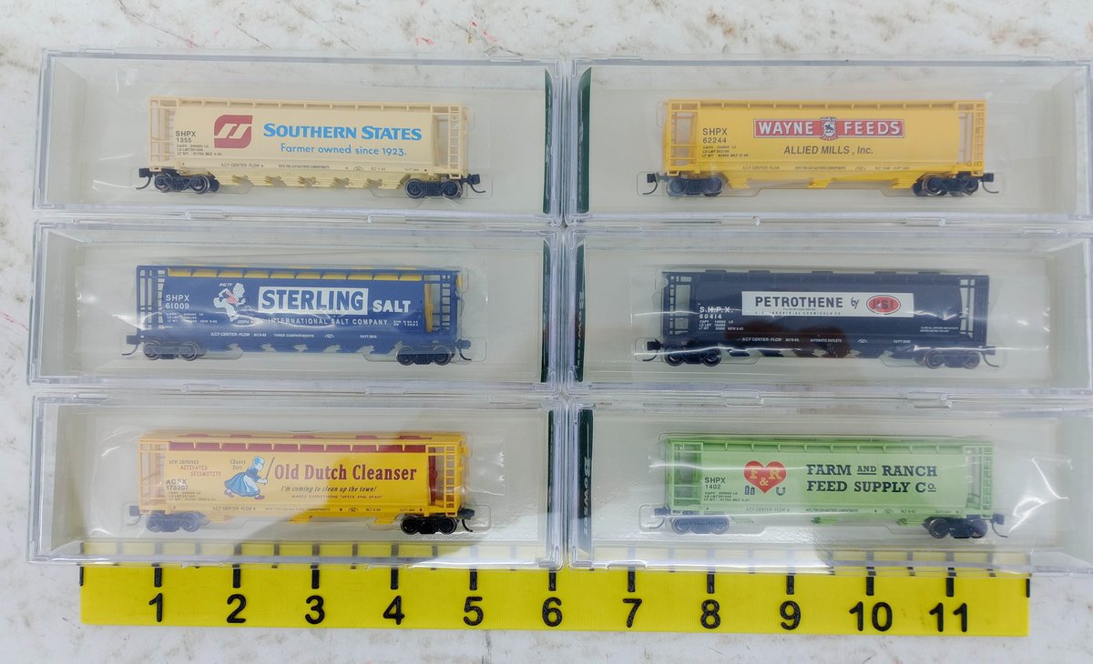 6 BOWSER N SCALE CYLINDRICAL HOPPERS SHPX WAYNE FEEDS & STERLING SALT, 6 OBS INV 263331052