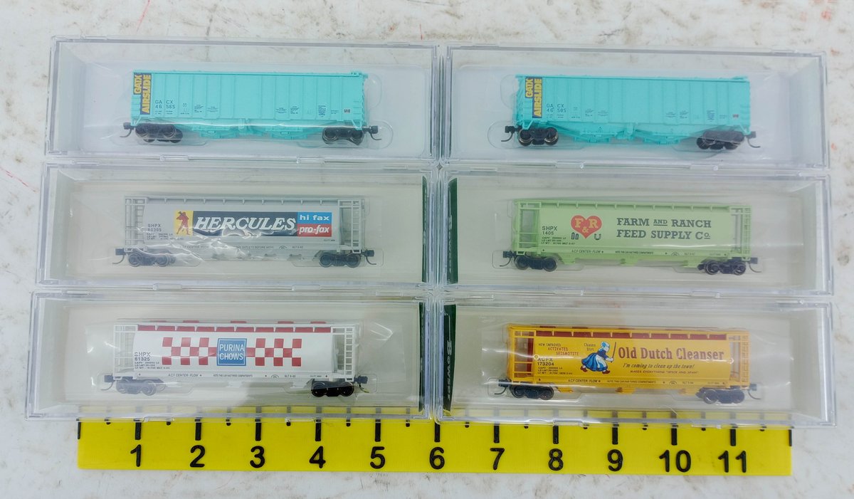 6 BOWSER N SCALE HOPPERS, ODC OLD DUTCH, FARM & RANCH, PURINA, HERCULES, 2 GATX AIRSLIDE, 6 OBS INV 263331051