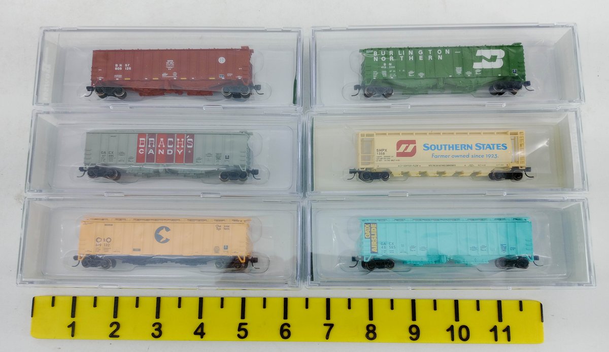 6 BOWSER N SCALE AIRSLIDE & CYLINDRICAL HOPPERS INCL BNSF, BN, CHESSIE, 6 OBS INV 263331054