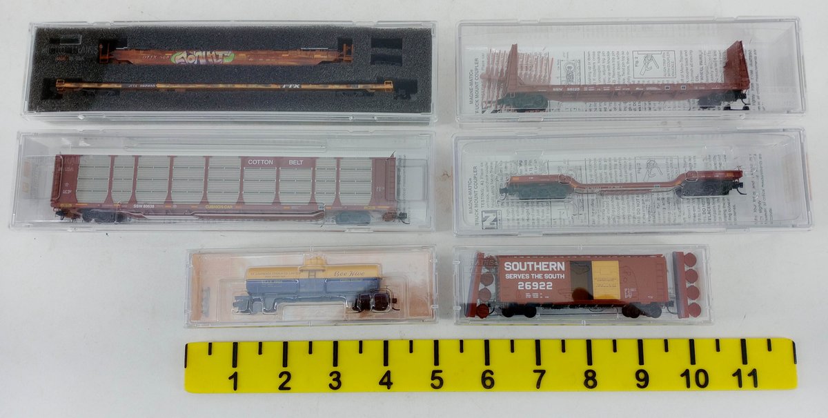 6 MICRO-TRAINS LINE N SCALE FREIGHT CARS SOUTHERN, NS, SSW, COTTON BELT & TTX, 6 OBS INV 263331066
