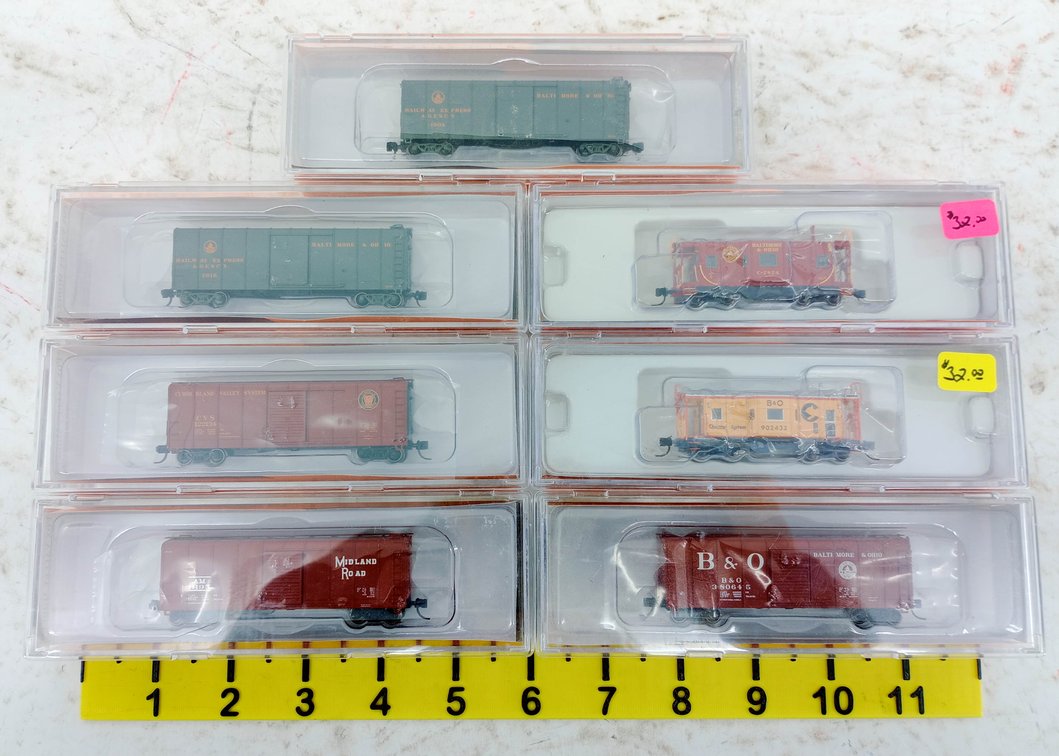 FOX VALLEY MODELS N SCALE B&O, CUMBERLAND VALLEY & ALLEGHENY MIDLAND BOXCARS & CABOOSES, 7 OBS INV 263331103
