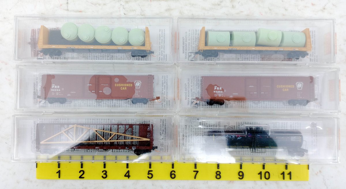 6 MICRO-TRAINS N SCALE FREIGHT CARS PRR, TTX, UP & ANDERSONS RAIL, 6 OBS INV 263331105