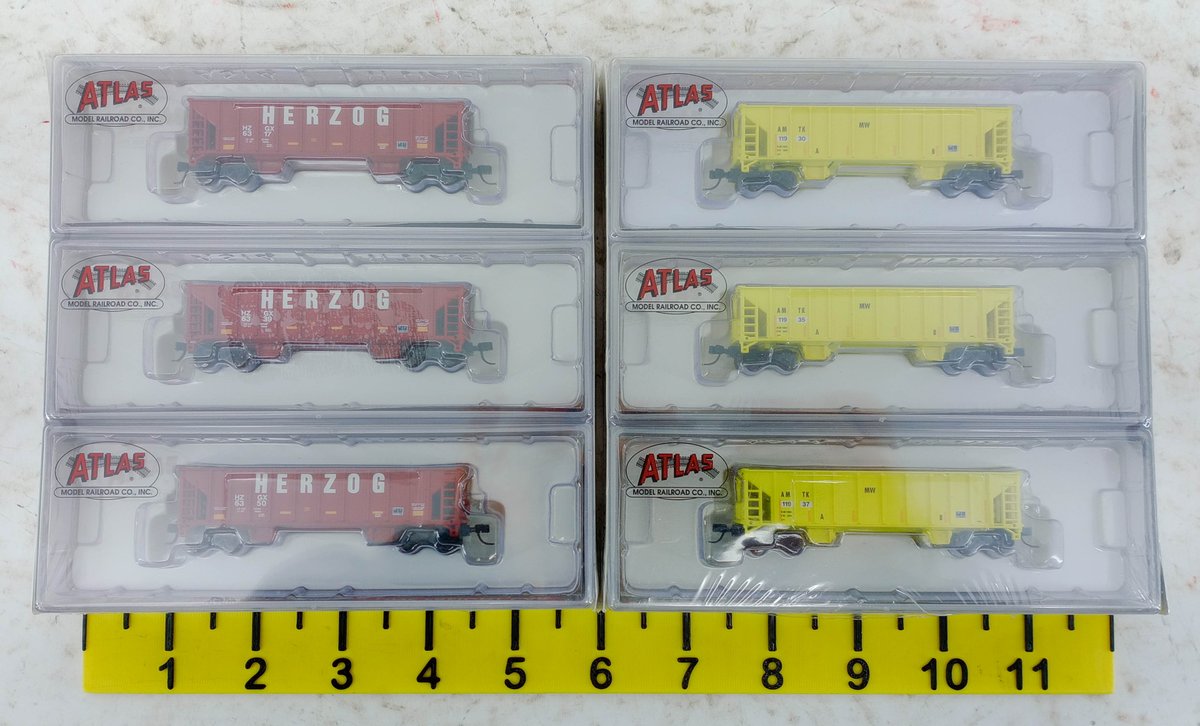 6 ATLAS N 41' BALLAST HOPPER CARS AMTRAK & HERZOG, 2 OBS SEALED INV 263331114