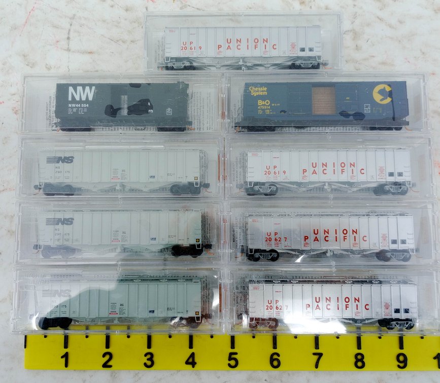 MICRO-TRAINS N SCALE UNION PACIFIC, NORFOLK SOUTHERN, NW, & B&O HOPPERS & BOXCARS, 9 OBS INV 263331116