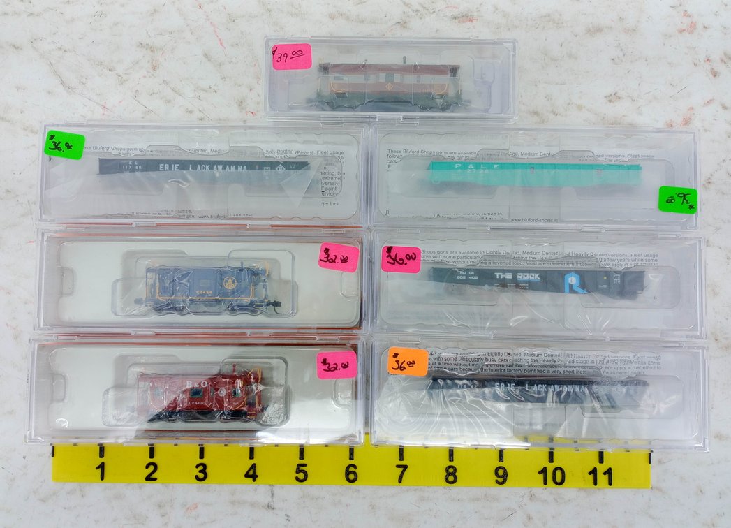 7 BLUFORD SHOPS & FOX VALLEY N SCALE GONDOLAS & CABOOSES, ERIE LACKAWANNA B&O ROCK P&LE, 7 OBS INV 263331133