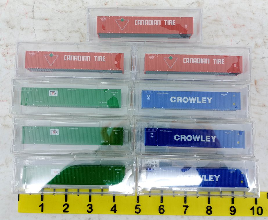 9 MICRO-TRAINS N SCALE 53' CONTAINERS CANADIAN TIRE, TMX & CROWLEY, 9 OBS INV 263331137