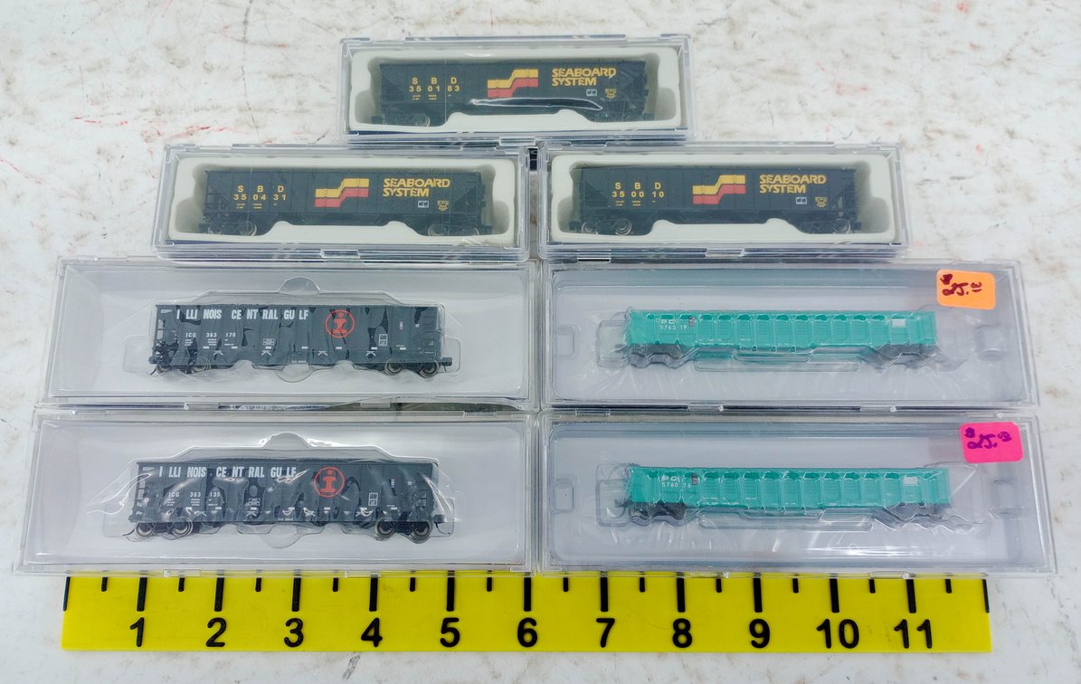 7 N GAUGE SEABOARD SYSTEM & ICG QUAD HOPPERS, PENN CENTRAL GONDOLAS, 7 OBS INV 263331139