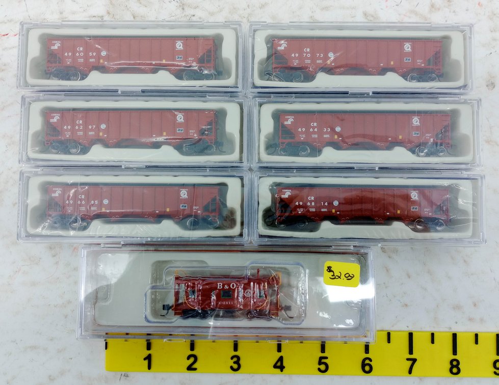 6 FOX VALLEY MODELS N 2410 CONRAIL 100T QUAD HOPPERS & B&O CABOOSE, 7 OBS INV 263331140