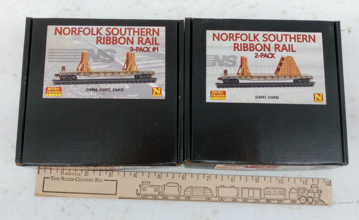 5 MICRO-TRAINS N SCALE NORFOLK SOUTHERN RIBBON RAIL FLATCARS, 2 OBS INV 263331161